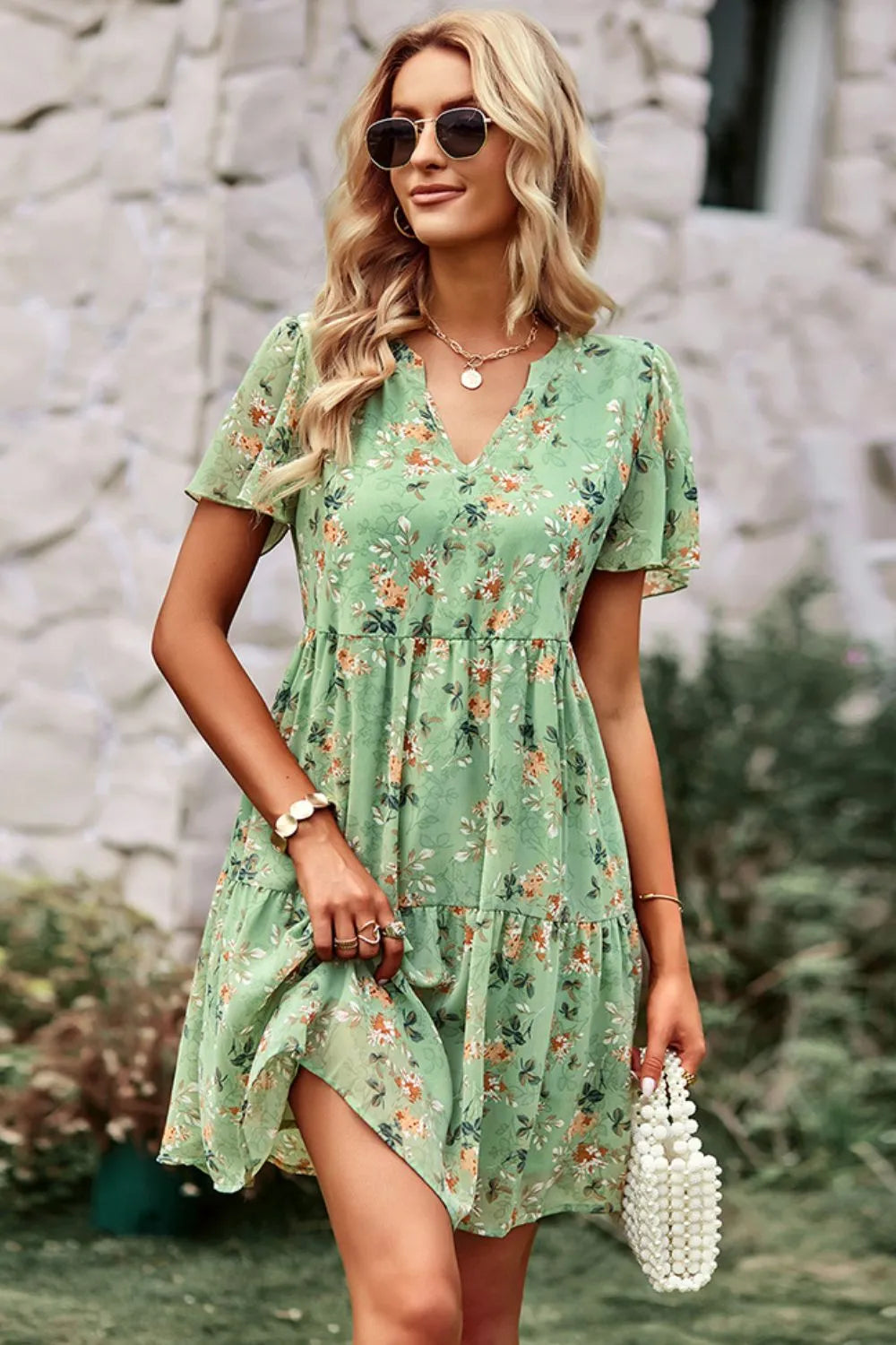 Floral Notched Flutter Sleeve Mini Dress Gum Leaf Casual Dresses - Tophatter Daily Deals