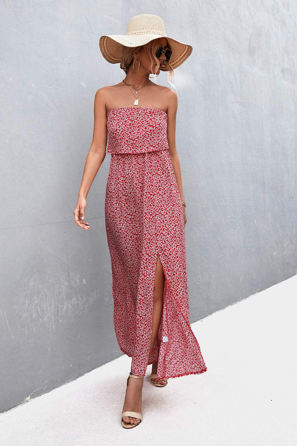 Strapless Split Maxi Dress Deep Red Casual Dresses - Tophatter Daily Deals