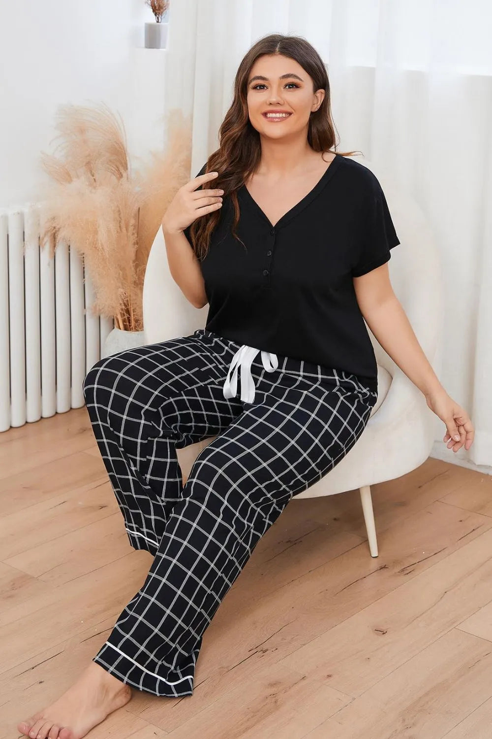 Plus Size V-Neck Top and Plaid Pants Lounge Set Loungewear Sets - Tophatter Daily Deals