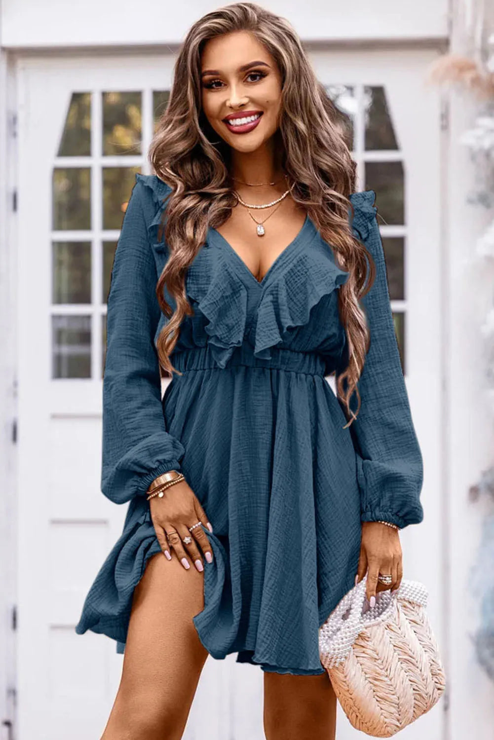 Ruffle Trim V-Neck Long Sleeve Mini Dress Peacock Blue Casual Dresses - Tophatter Daily Deals