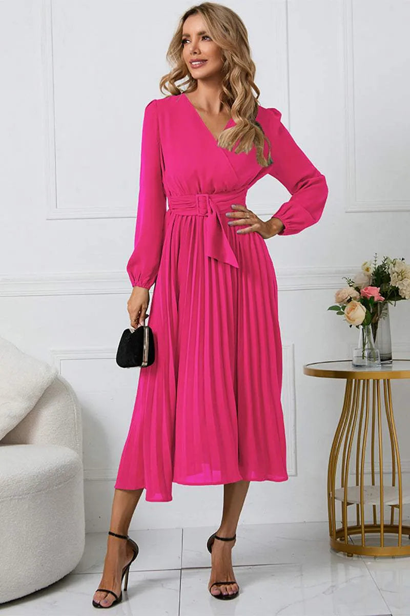 V-Neck Long Sleeve Tie Waist Midi Dress Casual Dresses - Tophatter Daily Deals