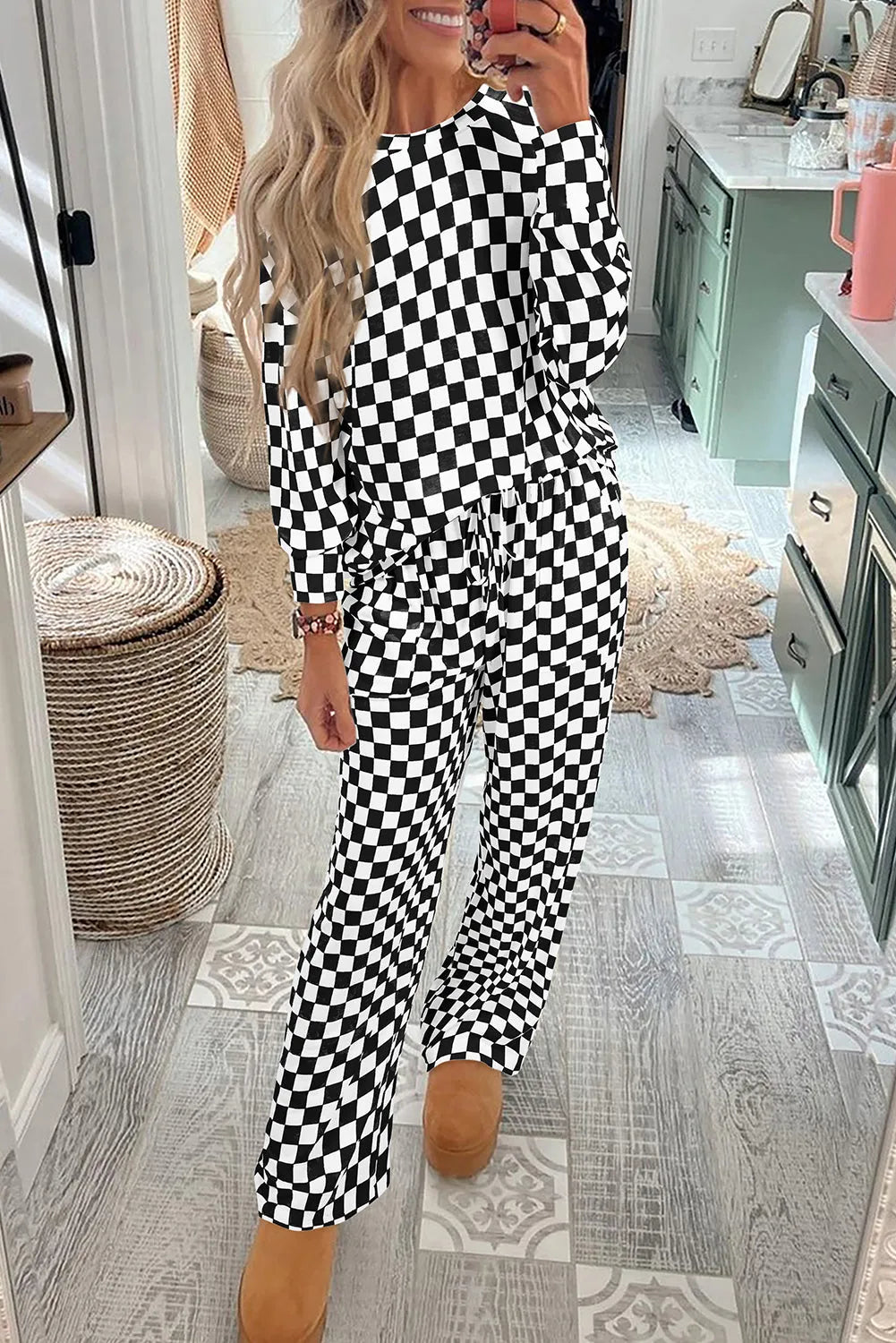 Black Checkered Print Long Sleeve Top and Pants Lounge Set Black 95%Polyester+5%Elastane Loungewear & Sleepwear/Loungewear - Tophatter Daily Deals