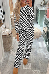 Black Checkered Print Long Sleeve Top and Pants Lounge Set Black 95%Polyester+5%Elastane Loungewear & Sleepwear/Loungewear - Tophatter Daily Deals