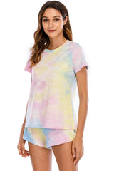 Tie-Dye Round Neck Short Sleeve Top and Shorts Lounge Set Loungewear Sets - Tophatter Daily Deals