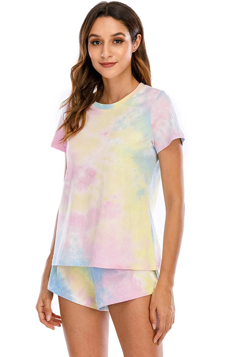 Tie-Dye Round Neck Short Sleeve Top and Shorts Lounge Set Loungewear Sets - Tophatter Daily Deals