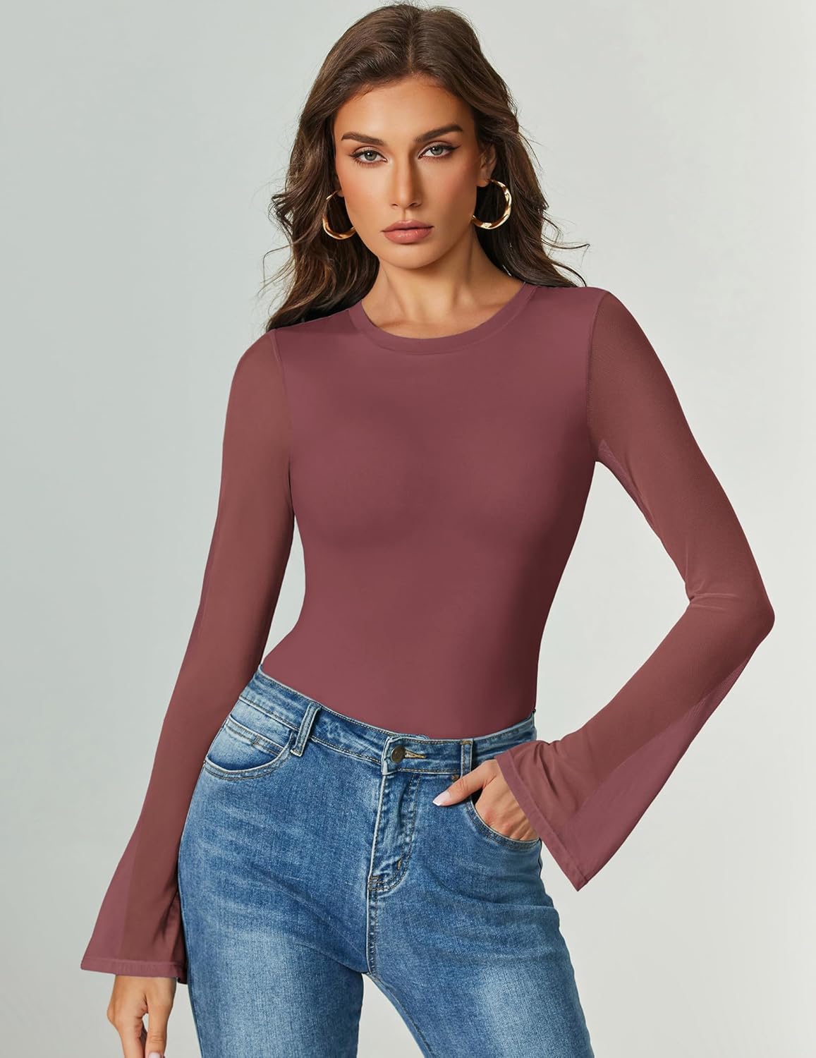 Bell Long Sleeve Bodysuits Mesh Leotard Tops Purple Red Shaperwear-bodysuit - Tophatter Daily Deals