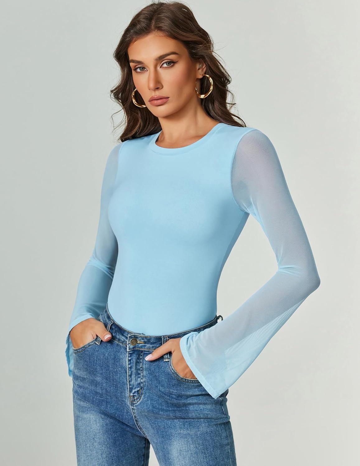 Bell Long Sleeve Bodysuits Mesh Leotard Tops Light Blue Shaperwear-bodysuit - Tophatter Daily Deals