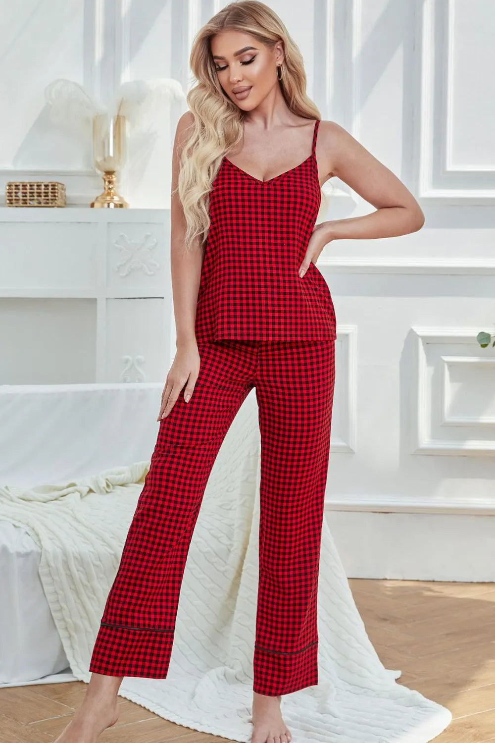 Gingham V-Neck Cami and Tied Pants Lounge Set Red Loungewear Sets - Tophatter Daily Deals