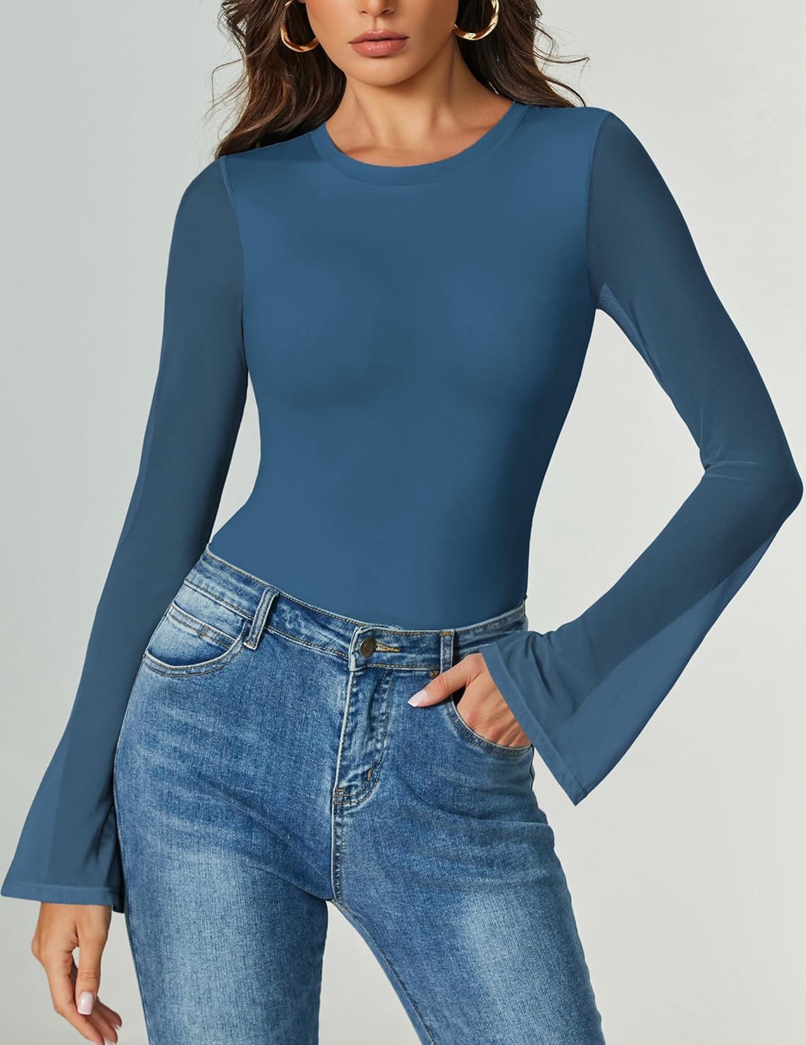 Bell Long Sleeve Bodysuits Mesh Leotard Tops Dark Blue Shaperwear-bodysuit - Tophatter Daily Deals