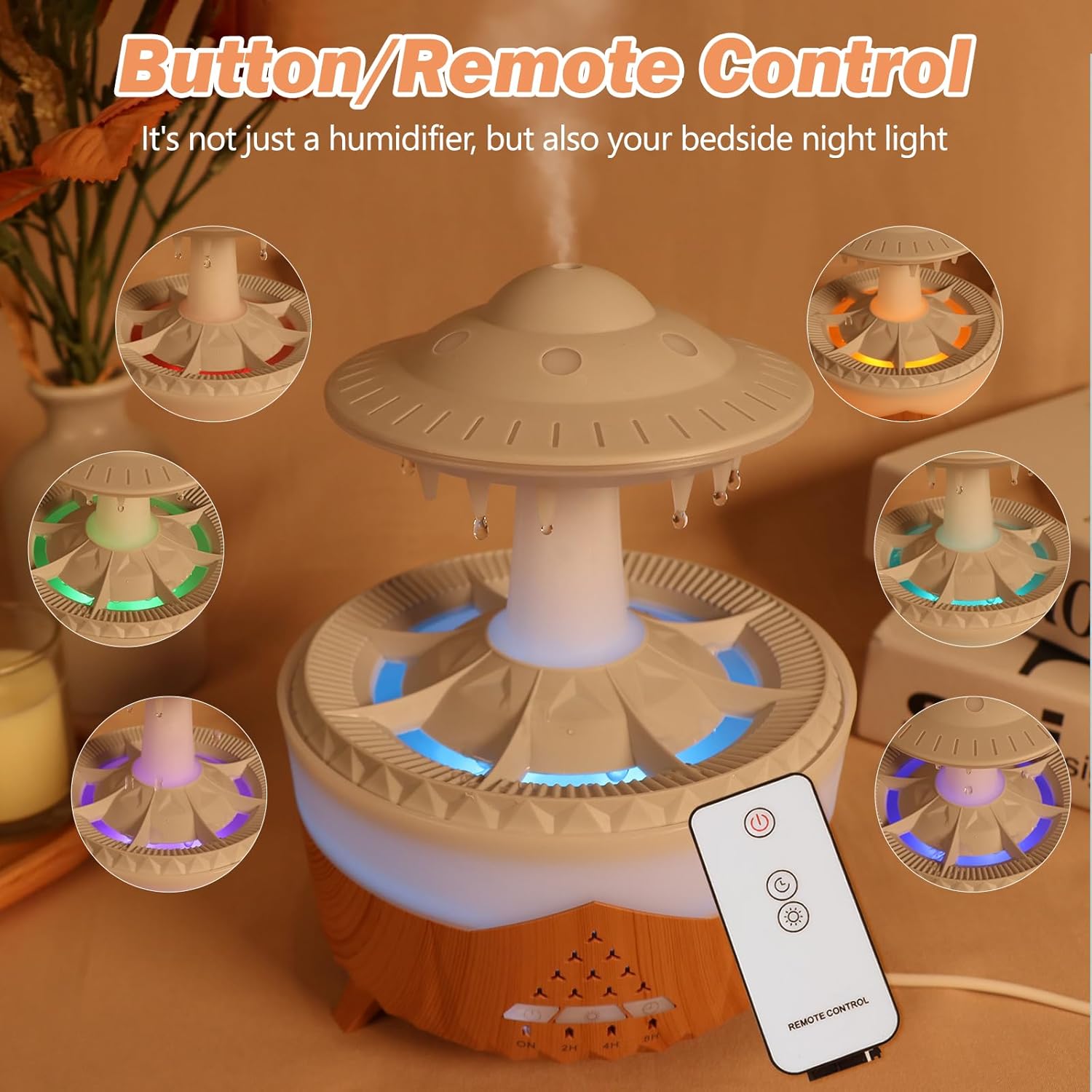 Mushroom Rain Humidifier Drops, Cloud Tree Aroma Waterfall Diffuser, Water Drip and Spray Mist Rain Lamp with 7 Colors Remote Control Humidifiers - Tophatter Daily Deals