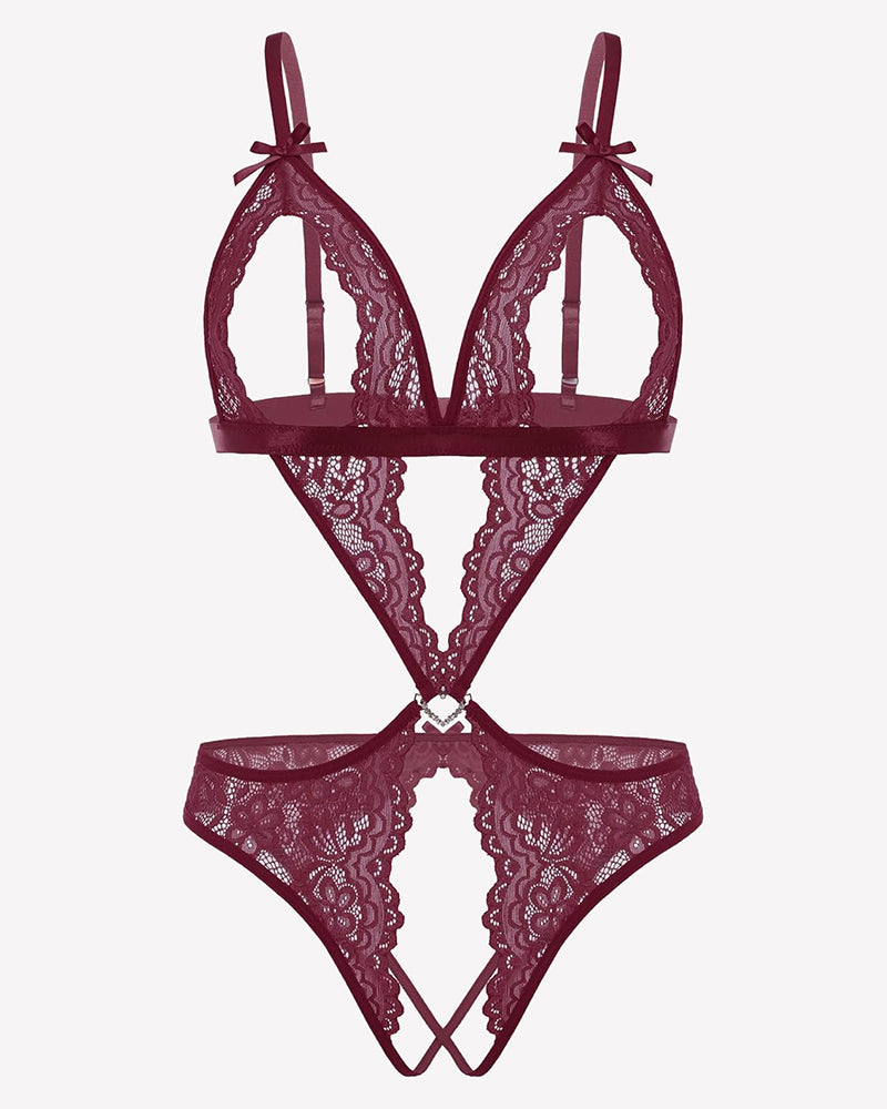 Lace Deep V Teddy Bodysuit Dark Red Lingeries-Bodysuits - Tophatter Daily Deals