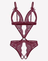 Lace Deep V Teddy Bodysuit Dark Red Lingeries-Bodysuits - Tophatter Daily Deals