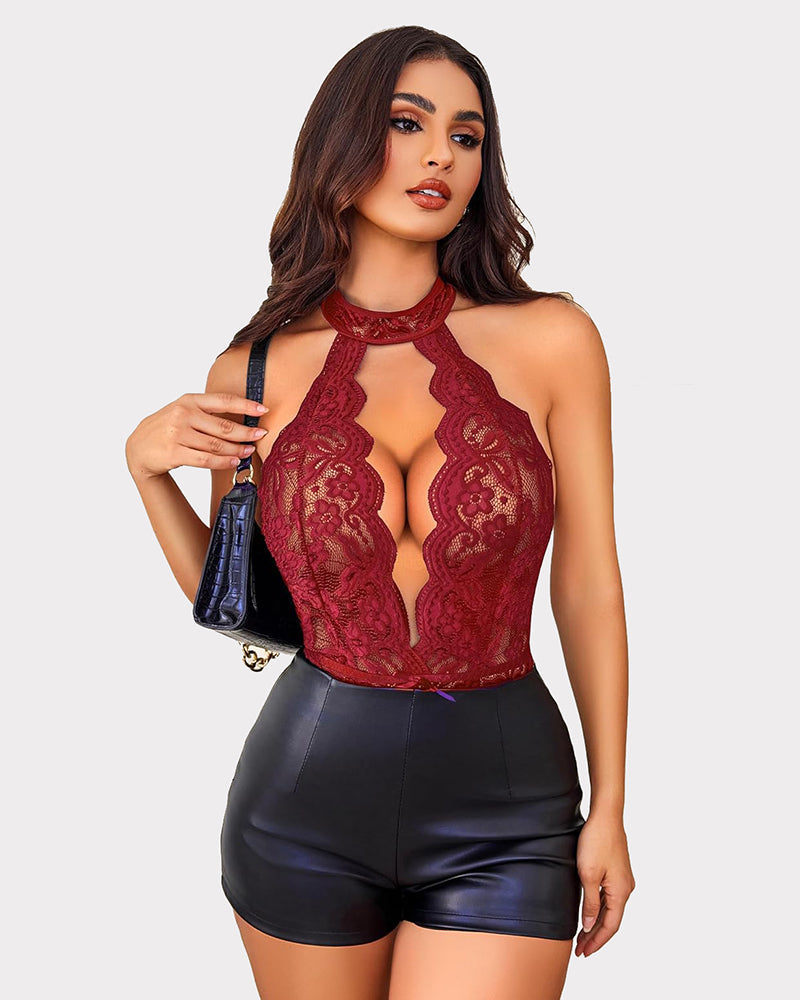 Halter Lace Bodysuit V Neck Teddy Lingeries-Bodysuits - Tophatter Daily Deals