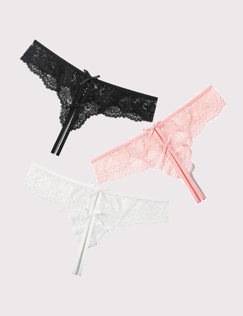 Lace Thongs Panties with Cute Bow Black+Pink+White Lingeries-panties - Tophatter Daily Deals
