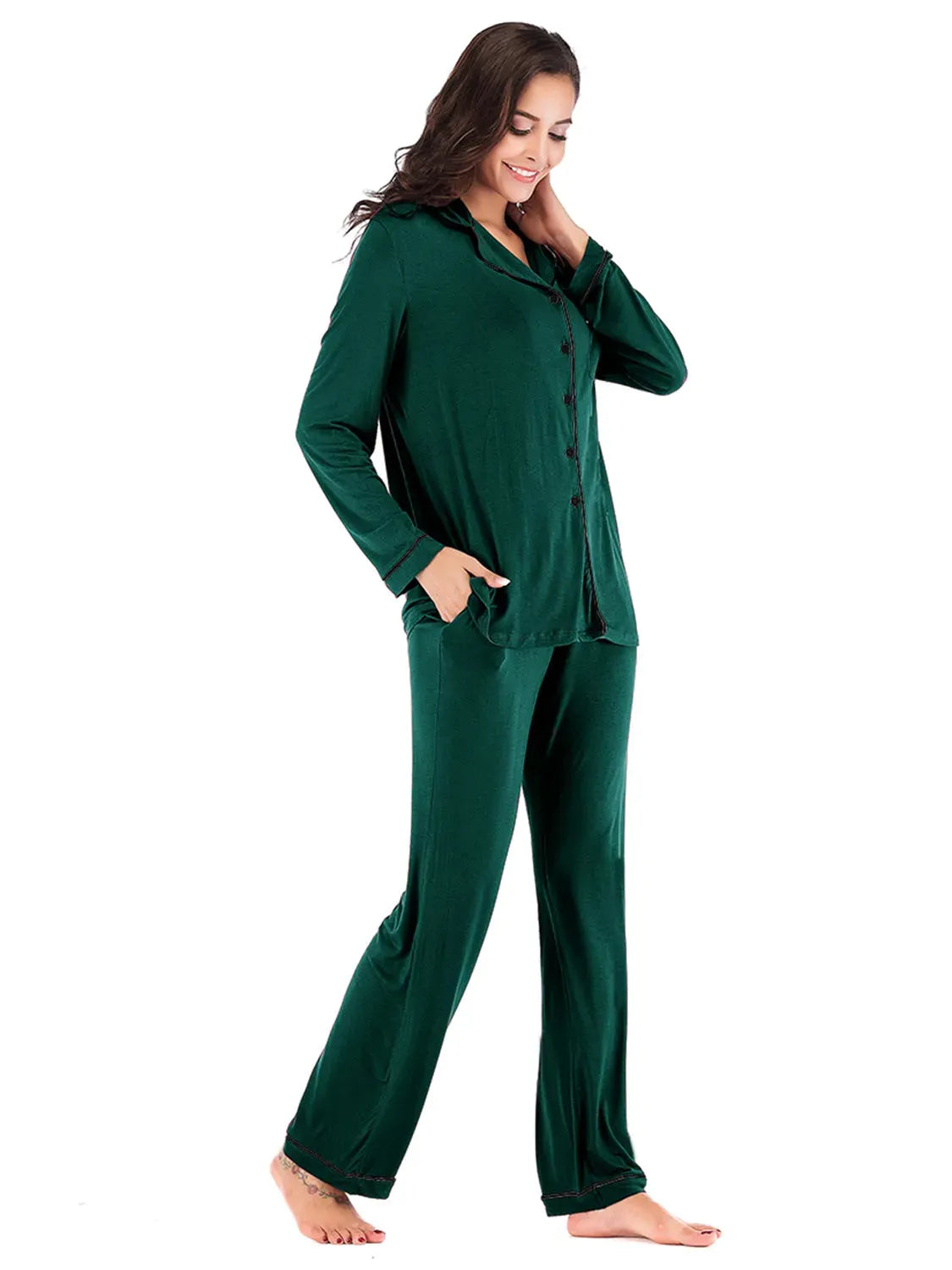 Collared Neck Long Sleeve Loungewear Set with Pockets Loungewear Sets - Tophatter Daily Deals