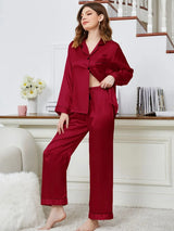 Lapel Collar Long Sleeve Top and Pants Pajama Set Loungewear Sets - Tophatter Daily Deals