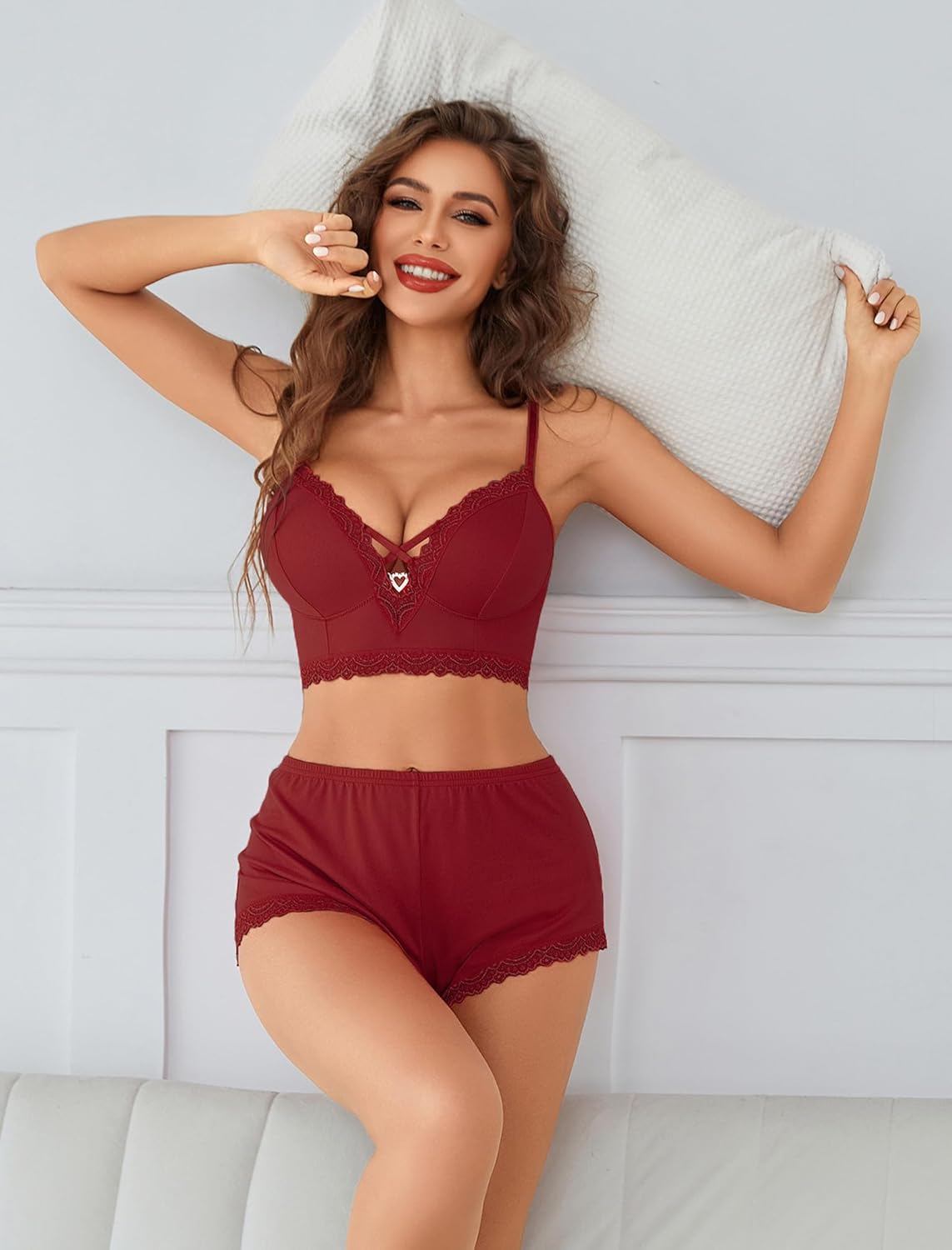 Pajama Sets Shorts Lace Trim Cami Pj Set Wine Red Sleepwears-Pajamas Sets - Tophatter Daily Deals