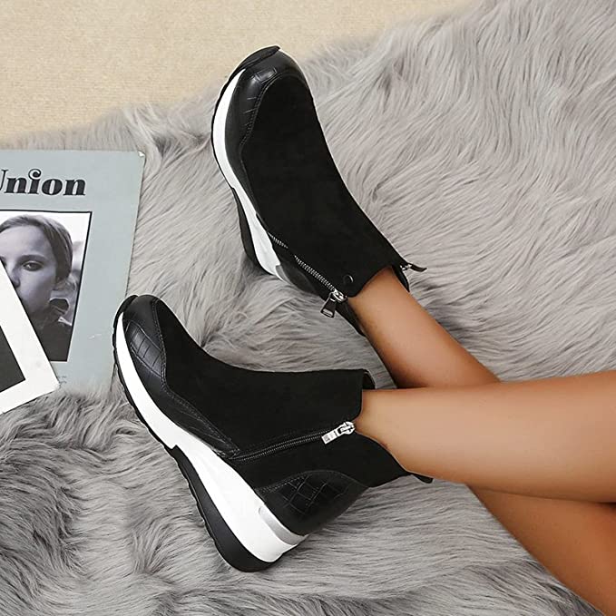 Waterproof Cozy Women’s Ankle Boots - Wedge Suede Heel Black - Tophatter Daily Deals