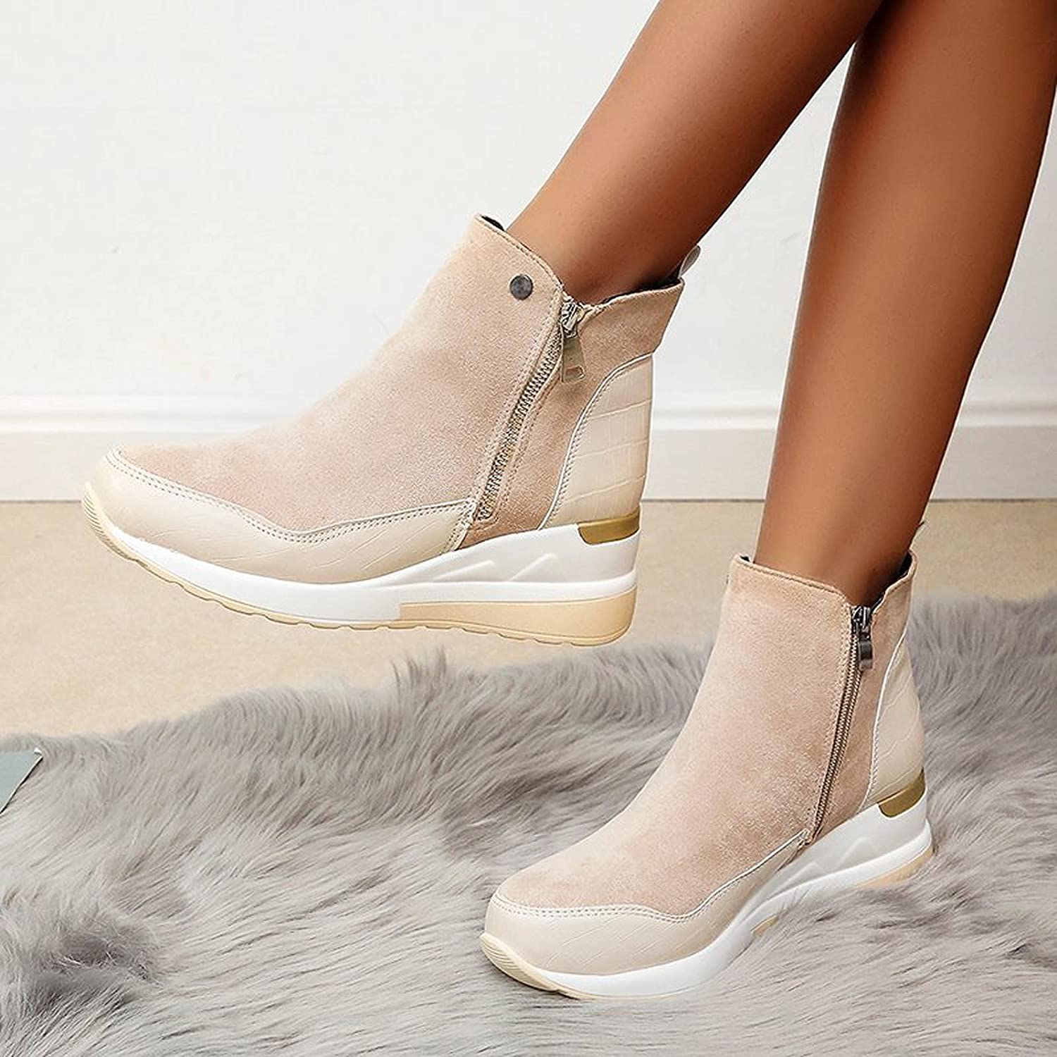 Waterproof Cozy Women’s Ankle Boots - Wedge Suede Heel Beige - Tophatter Daily Deals