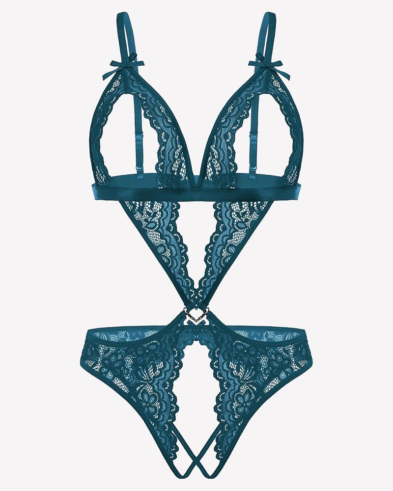 Lace Deep V Teddy Bodysuit Blue Green Lingeries-Bodysuits - Tophatter Daily Deals