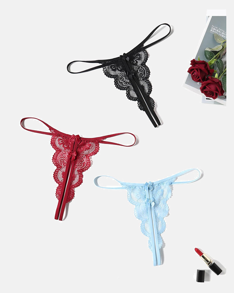 Lace Thongs Low Rise Bow Panties Black+Dark Red+Light Blue Lingeries-panties - Tophatter Daily Deals