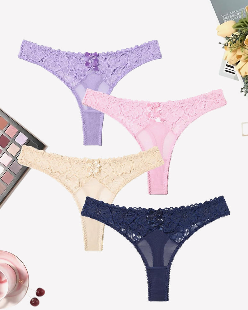 Mesh Lace Thongs Low Waist Panties 4packs:champagne Pink Lilac Navy Blue Lingeries-panties - Tophatter Daily Deals