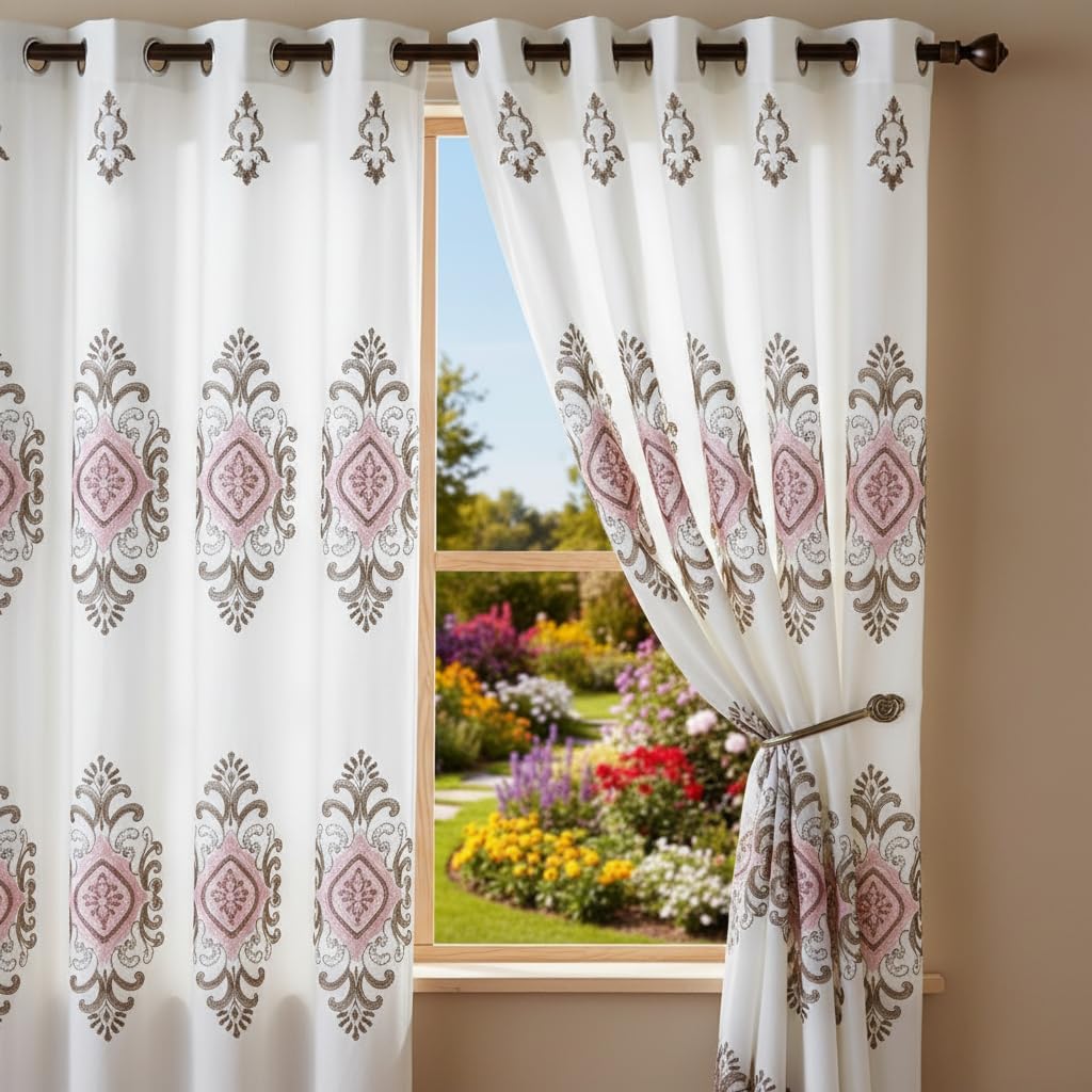 Embroidered Medallion Curtain Set – 2 Panel Window Drapes with Attached Backing & Matching Valance Furniture & Decor - Tophatter Daily Deals