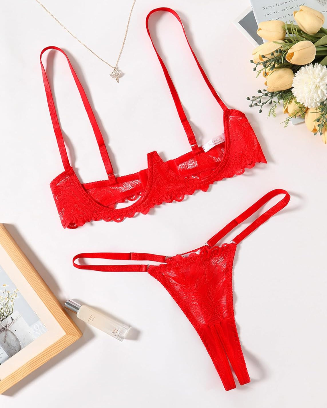 Lace Bra and Panty Underwire Lingerie Set Red Lingerie Sets-Bra Sets - Tophatter Daily Deals