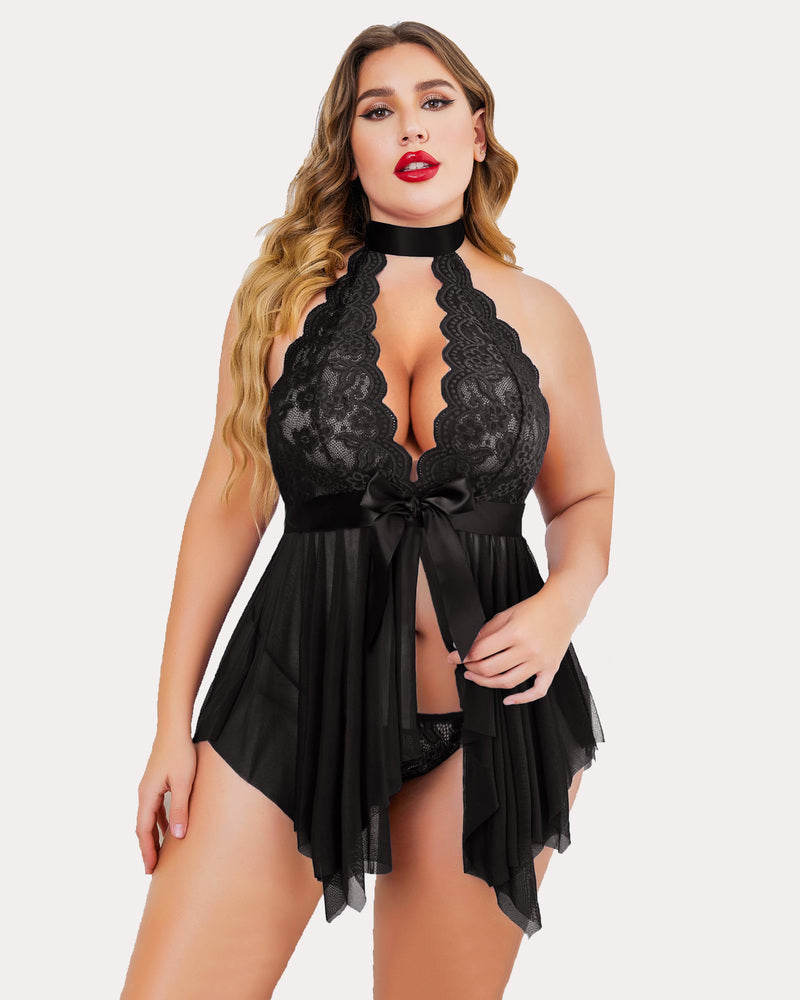 Plus Size Babydoll Teddy Black Lingerie Sets-Plus size - Tophatter Daily Deals