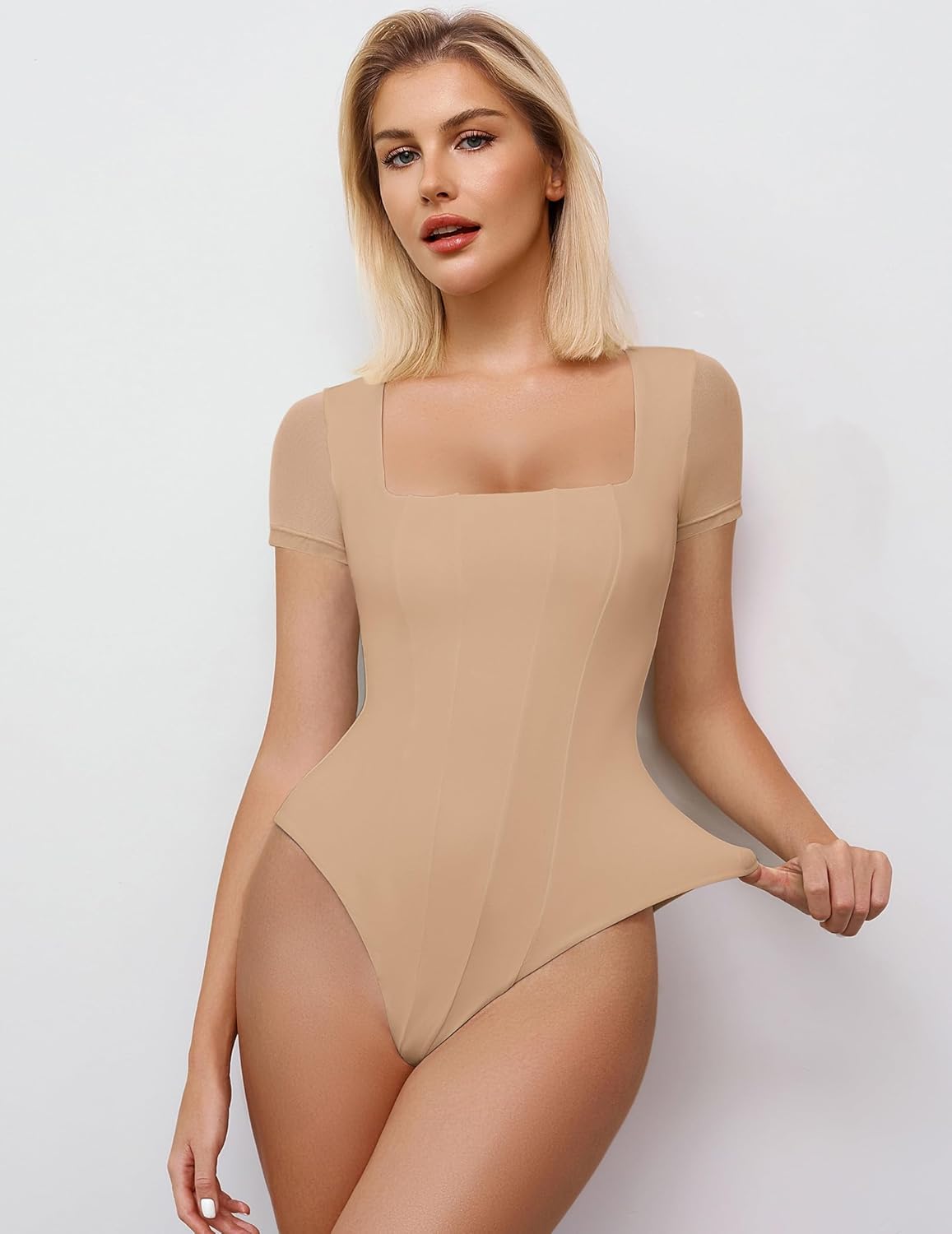 Square Neck Mesh Double Body Suit Lingeries-Bodysuits - Tophatter Daily Deals