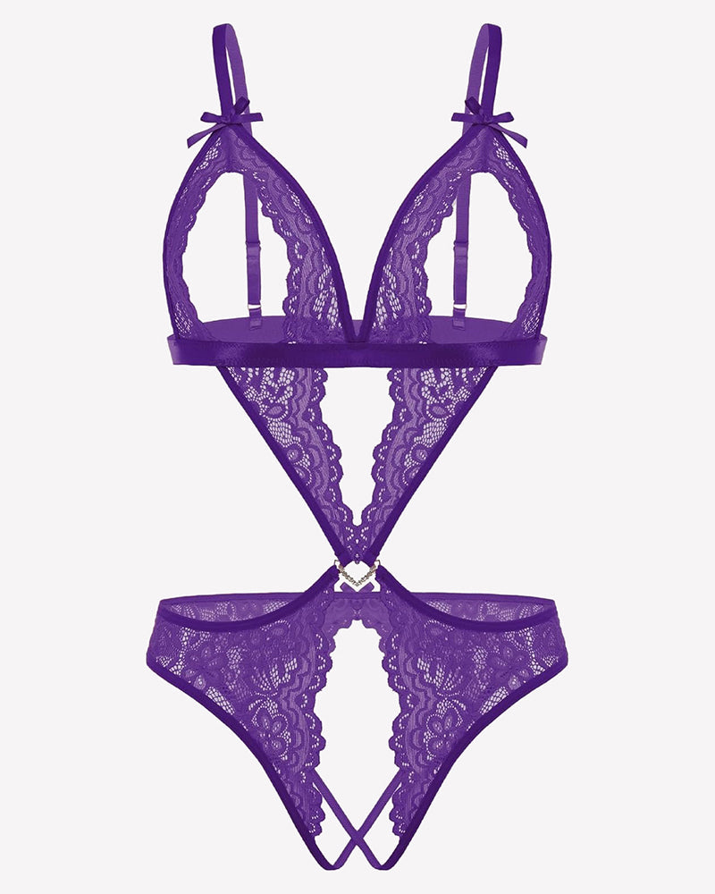 Lace Deep V Teddy Bodysuit Purple Lingeries-Bodysuits - Tophatter Daily Deals