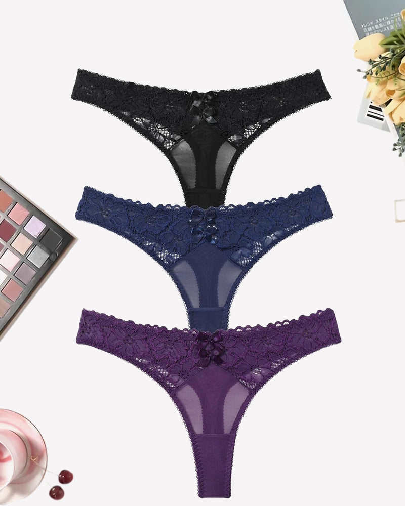 Mesh Lace Thongs Low Waist Panties 3packs:black Navy Blue Bright Purple Lingeries-panties - Tophatter Daily Deals