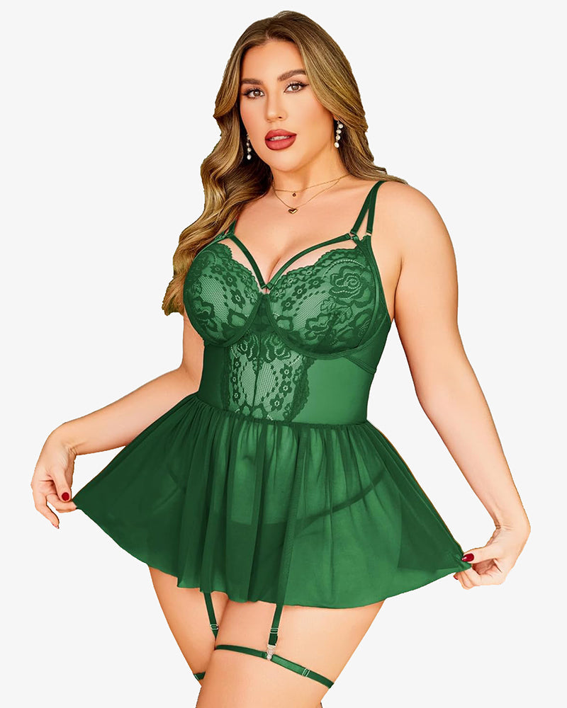 Plus Size Lace Babydoll Boudoir Nighty Green Lingerie Sets-Plus size - Tophatter Daily Deals