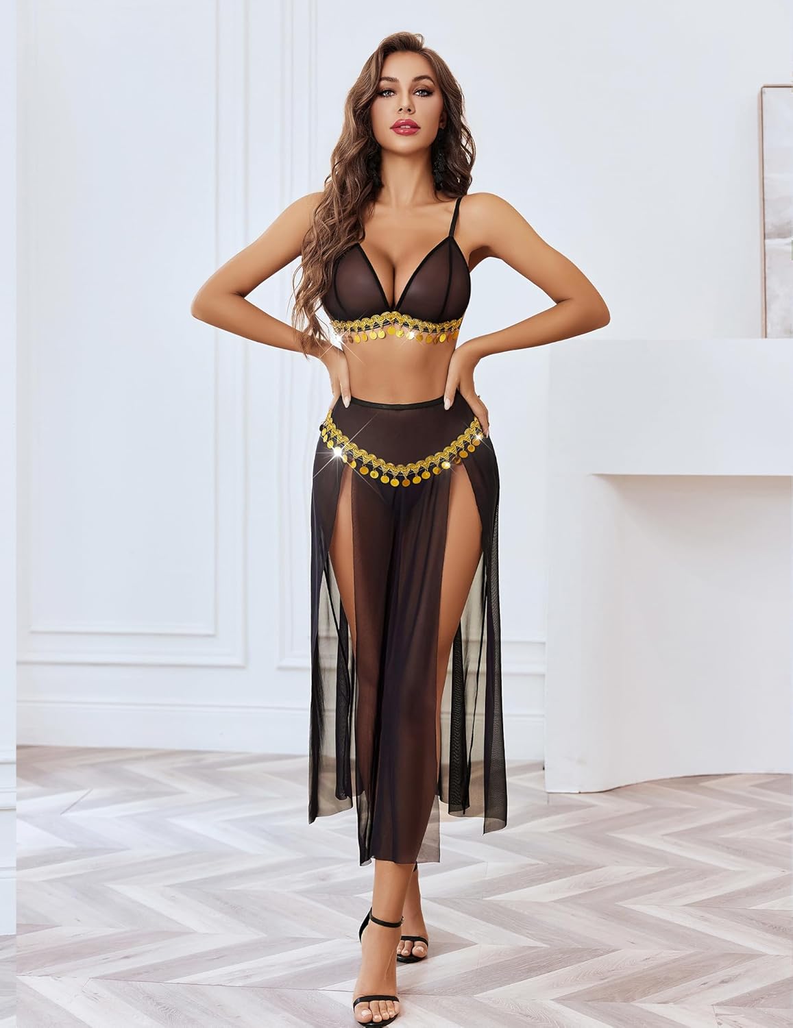 Mesh Sheer Bra Top Split Maxi Skirt Set Lingerie Sets-Skirt Sets - Tophatter Daily Deals