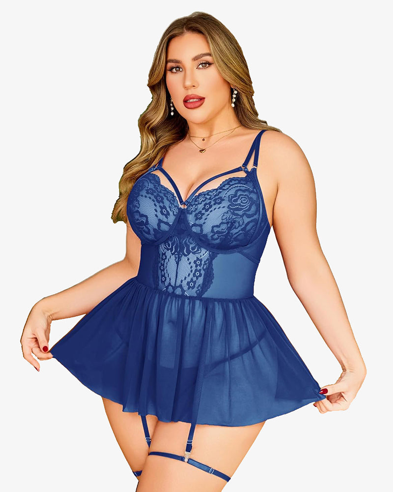 Plus Size Lace Babydoll Boudoir Nighty Royal Blue Lingerie Sets-Plus size - Tophatter Daily Deals