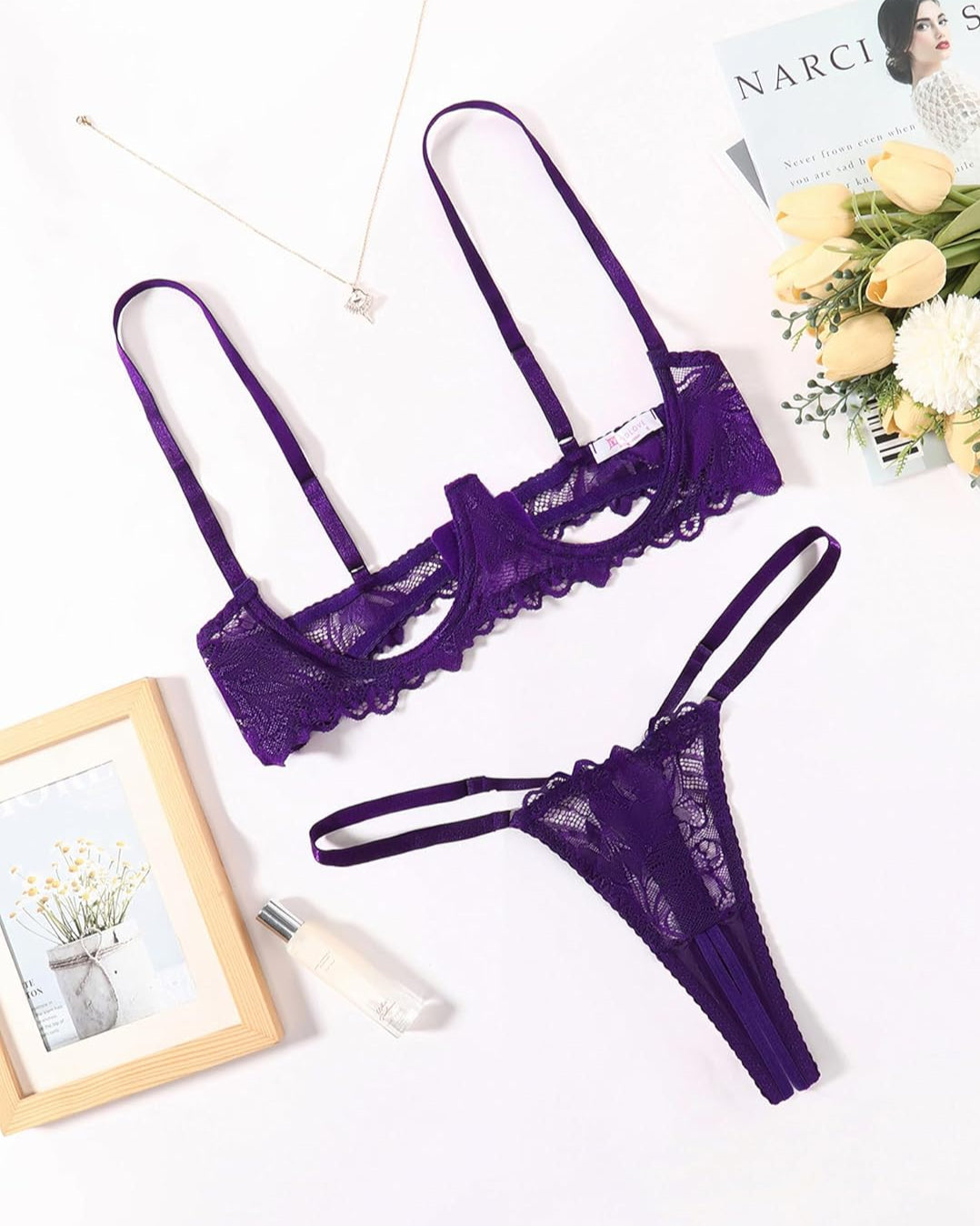 Lace Bra and Panty Underwire Lingerie Set Purple Lingerie Sets-Bra Sets - Tophatter Daily Deals