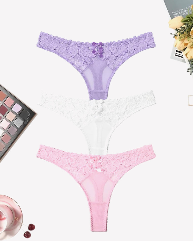 Mesh Lace Thongs Low Waist Panties 3packs:white Pink Lilac Lingeries-panties - Tophatter Daily Deals