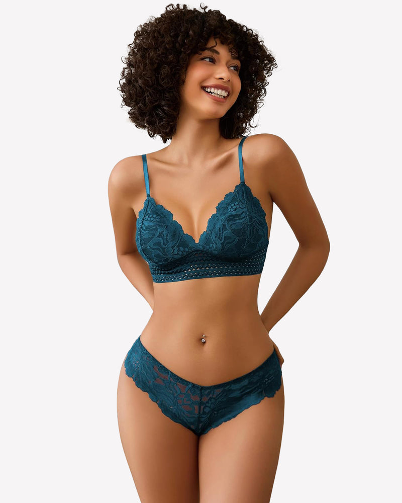 Lace 2 Piece Lace Bralette and Panty Set Blue Green Lingerie Sets-Bra Sets - Tophatter Daily Deals