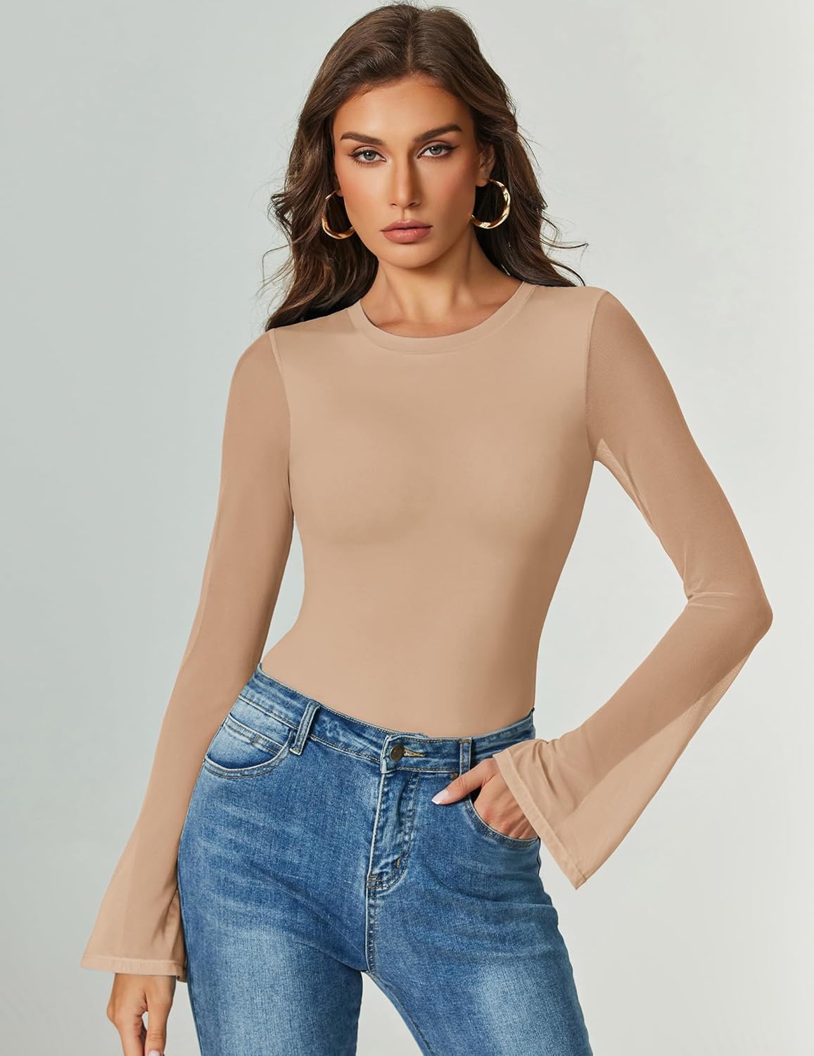 Bell Long Sleeve Bodysuits Mesh Leotard Tops Nude Shaperwear-bodysuit - Tophatter Daily Deals