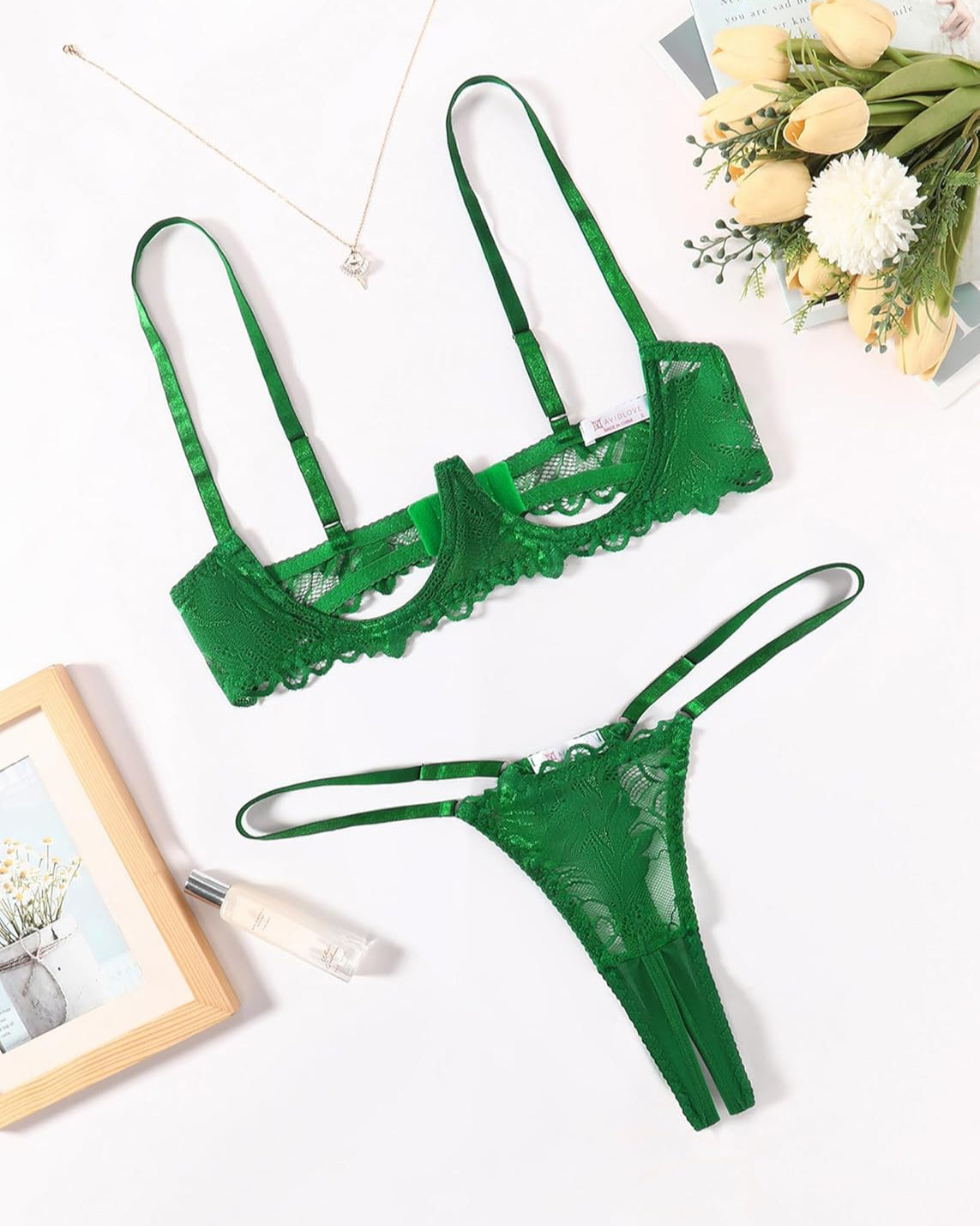 Lace Bra and Panty Underwire Lingerie Set Green Lingerie Sets-Bra Sets - Tophatter Daily Deals
