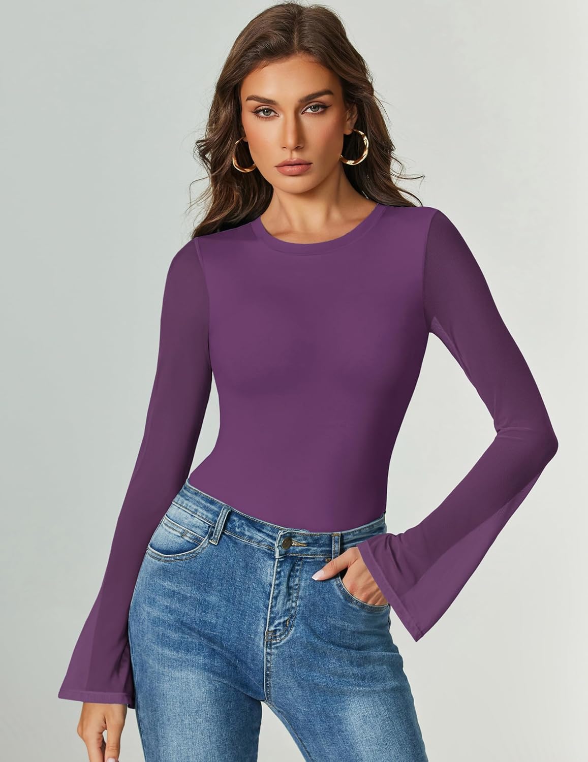 Bell Long Sleeve Bodysuits Mesh Leotard Tops Dark Purple Shaperwear-bodysuit - Tophatter Daily Deals
