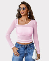 Asymmetrical Neck Sheer Crop Top Pink Lingeries-Crop tops - Tophatter Daily Deals