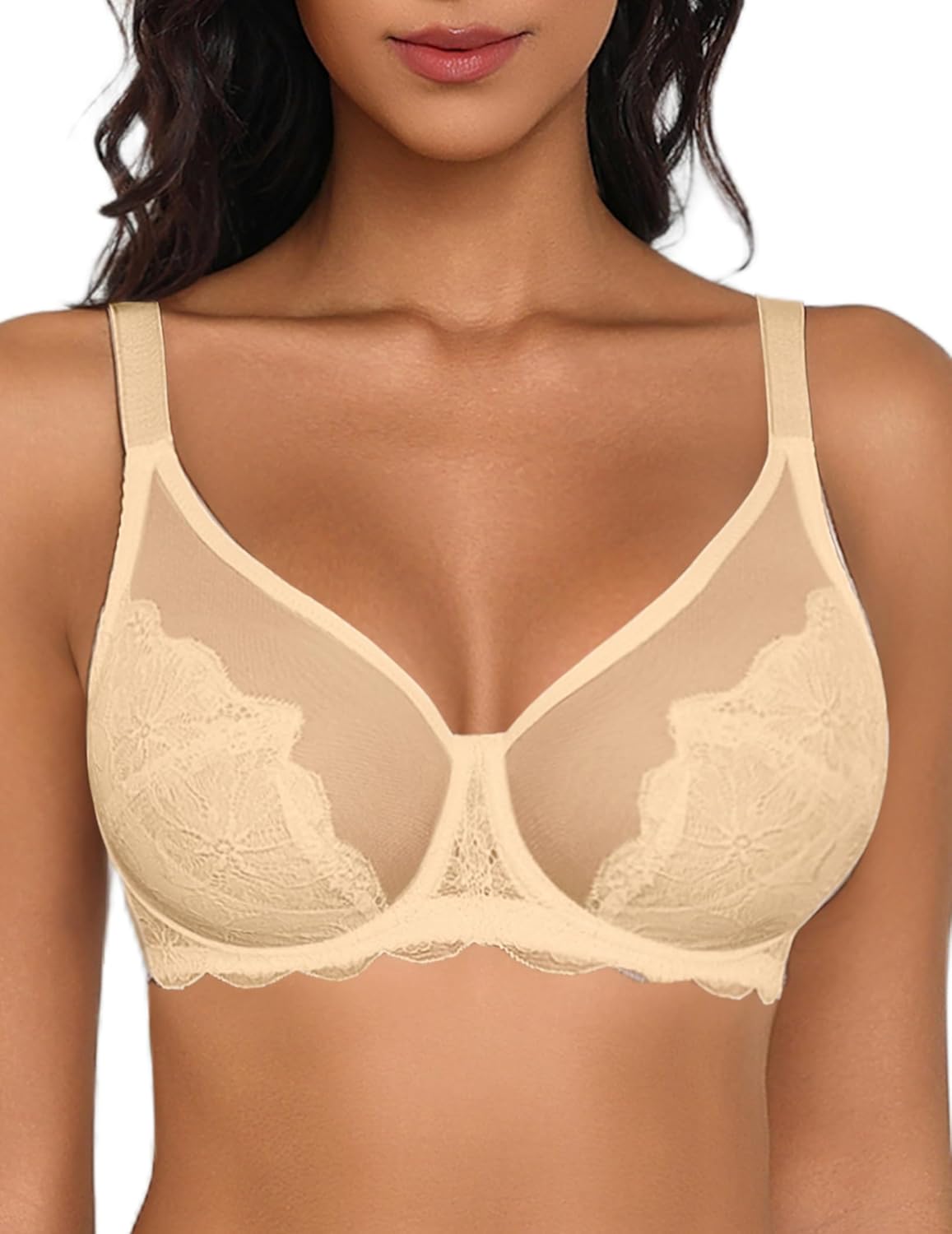 Lace Minimizer Bra Full Coverage Mesh Bra Bisque Lingerie Sets-Bras - Tophatter Daily Deals