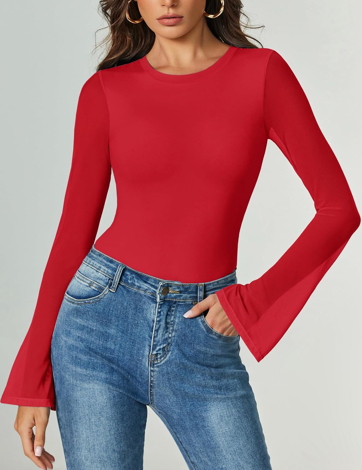 Bell Long Sleeve Bodysuits Mesh Leotard Tops Red Shaperwear-bodysuit - Tophatter Daily Deals