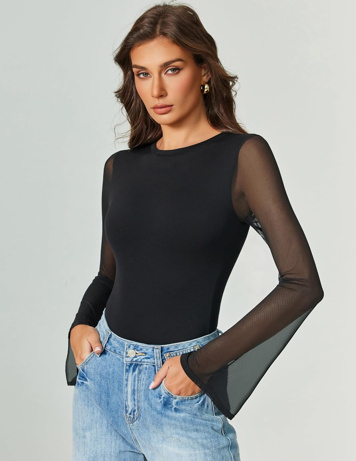Bell Long Sleeve Bodysuits Mesh Leotard Tops Black Shaperwear-bodysuit - Tophatter Daily Deals