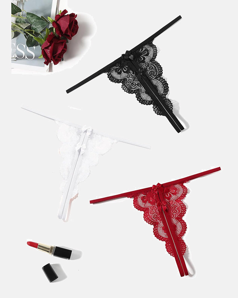 Lace Thongs Low Rise Bow Panties Black+Dark Red+White Lingeries-panties - Tophatter Daily Deals