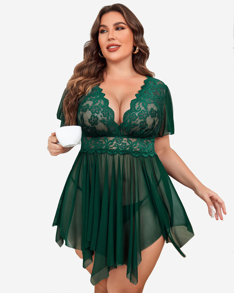 Plus Size Floral Lace Lingerie Lake Green Lingerie Sets-Plus size - Tophatter Daily Deals