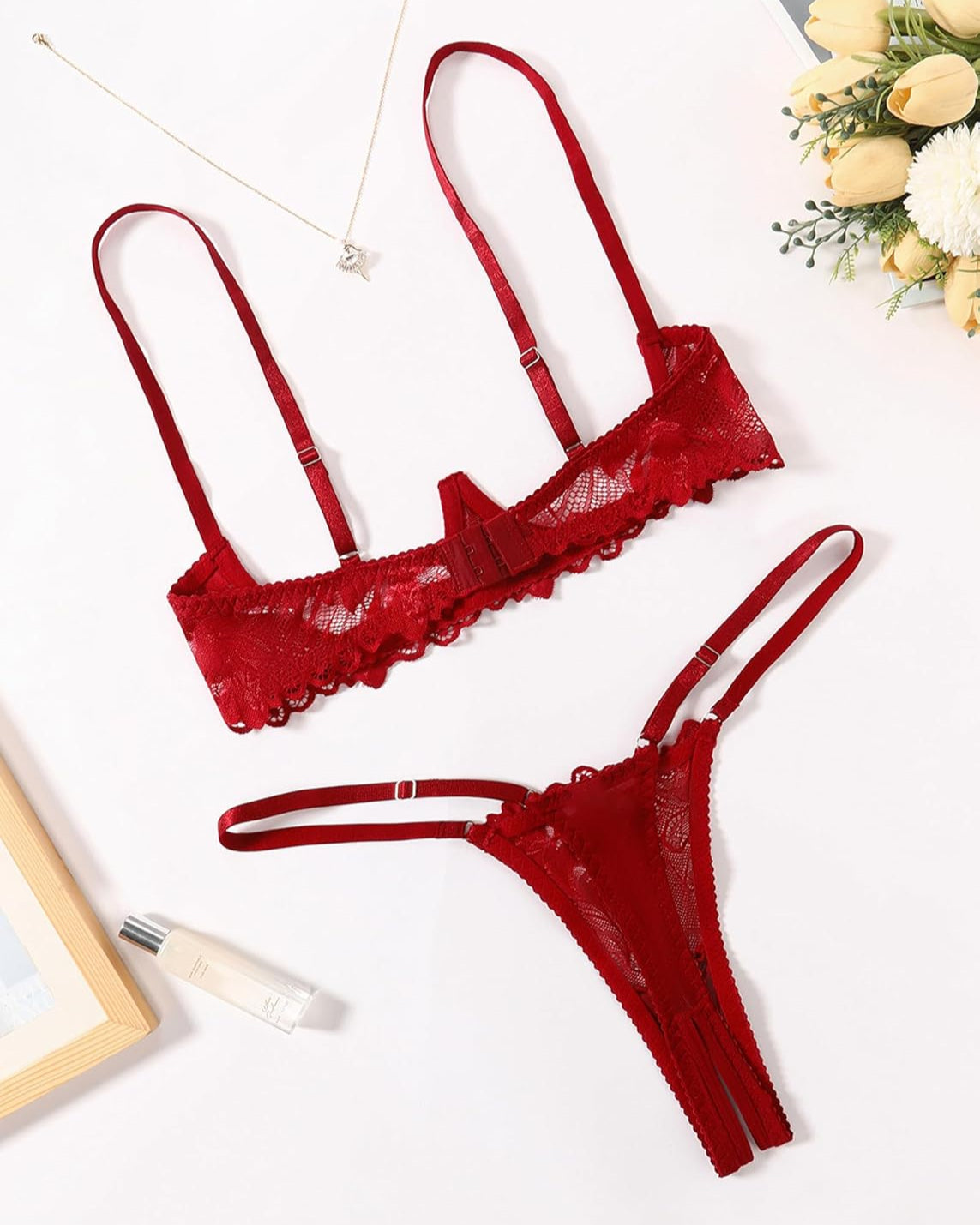 Lace Bra and Panty Underwire Lingerie Set Wine Red Lingerie Sets-Bra Sets - Tophatter Daily Deals