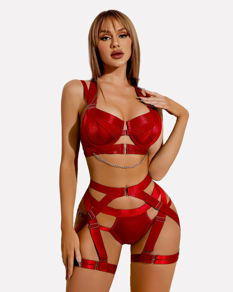 Push Up Bra Garter Set with Chain (DE Only) Wine Red Lingerie Sets-Bra Sets - Tophatter Daily Deals
