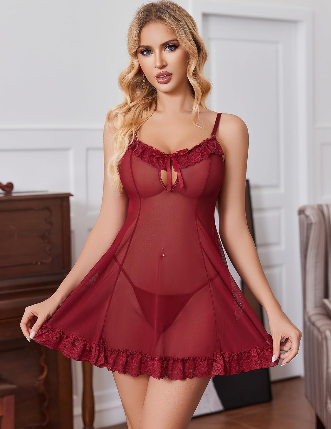 Sheer Babydoll Nighties Lace Nightgown Wine Red Lingerie-Babydolls - Tophatter Daily Deals